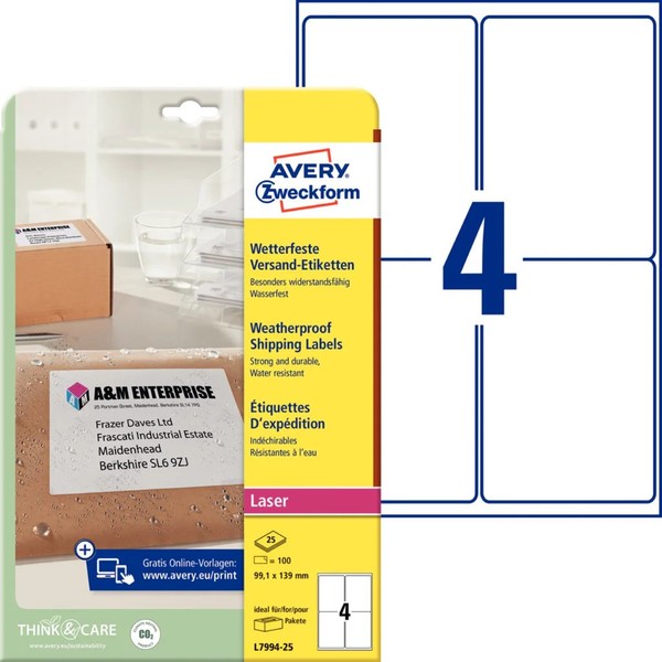 Avery Zweckform Wetterfeste Versand-Etiketten, 99,1 X 139 Mm 1 Bis 20X Spare 19%-image