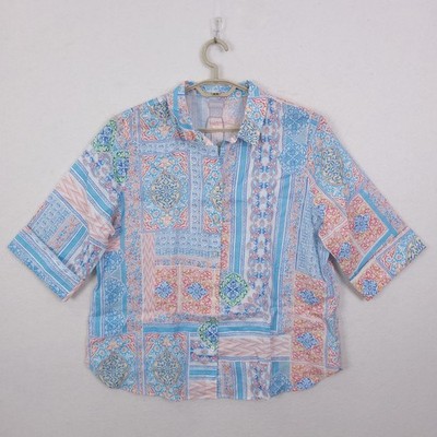 Chico's Button Front Shirt Womens 3 Blue Pink Linen No Iron Tile Print Boho XL