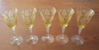 Vintage Set of 5 Yellow Depression Etched Glass 8 1/2" Goblets Wine Glasses