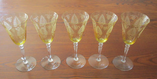 Vintage Set of 5 Yellow Depression Etched Glass 8 1/2" Goblets Wine Glasses
