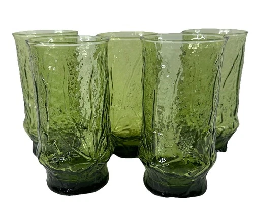 Set (5) Vntg MCM Anchor Hocking Rainflower Avocado Green Tumbler Glasses 12 oz