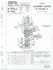 HUMBER HAWK SERIE I & II (1956-65) ZENITH CARB SERVICE BULLETIN/PARTS LIST *VGC*
