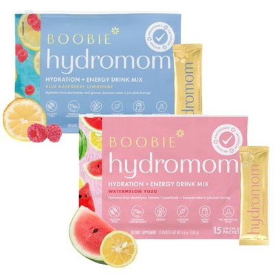 Boobie Hydromom Superfood Electrolyte Drink Mix, Watermelon Yuzu + Blue Raspb...