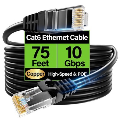 TuokaJu Cat6 Ethernet Cable 10Gbps 75 ft, UTP Cat 75FT, Black 