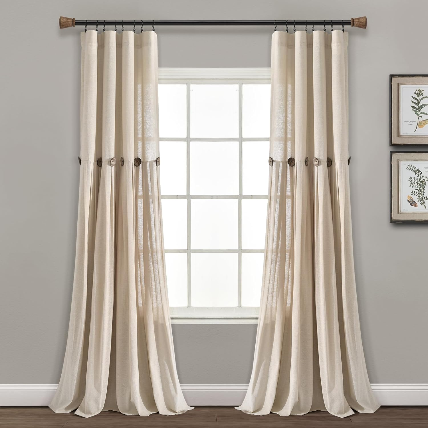 Linen Button Window Curtain Panel 40x84 Dark Linen Rustic Home Decor