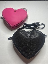Victoria  s Secret Heart Crossbody Bag Black Rhinestone/Pink NWT Chain