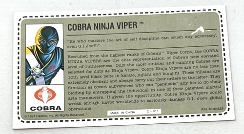 GI JOE ARAH Cobra Ninja Viper Uncut Red Back Mail Away File Card 1992