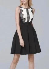 White House Black Market Dress Ivory Black Tuxedo Lace A Line Pockets Sz 4