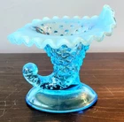 Vintage! Fenton Blue Opalescent  Hobnail Ruffled Edge Cornucopia Horn Vase EUC