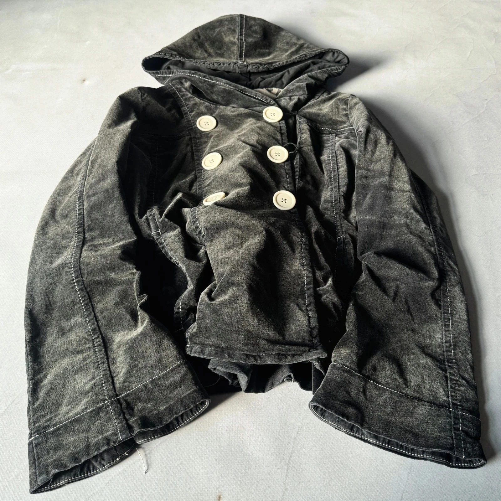 Y2K Black Denim Jacket MenHooded Double Breasted Faded Grunge Coat