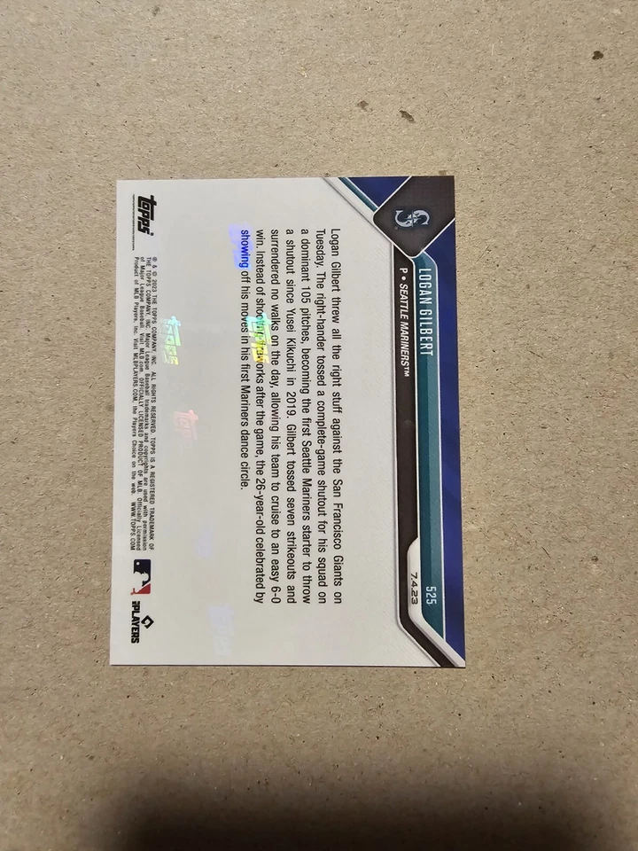 Logan Gilbert Mariners CG Shut Out Giants 2023 Topps Now 525 Blue Parallel 30/49 - Image 2 of 2