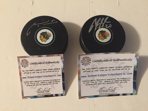 Brandon Saad & Marian Hossa Autographed BlackHawks Logo Pucks - Schwartz - Picture 3 of 7