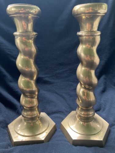Pair Of Antique Arts & Crafts British Barley-Twist Brass Candlesticks c. 1900
