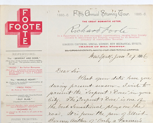 1886 Bühnenschauspieler Briefkopf von Richard Foote der große romantische Schauspieler signiert - Bild 1 von 4