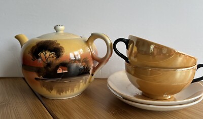 Luster Ware Teapot, Cups & Saucers Set Sunset Colors, Trees