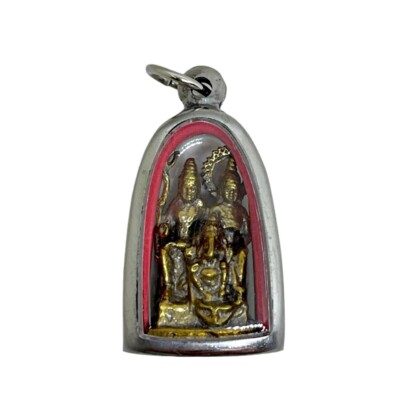 Hindu God Family Ganesh Shiva Parvati Brass Amulet Pendant Stainless Frame #3