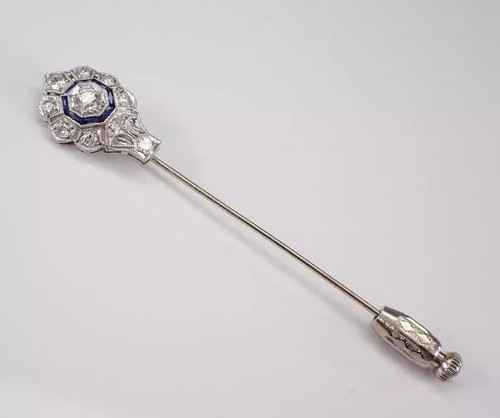 Lab Created Sapphire2Ct Round Cut Art Deco Stick Brooch Pin14K White Gold Plated - Picture 3 of 8