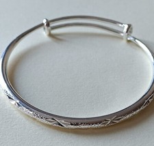 Sterling Silver 925 Star Patterned Diamante Expander Bangle, Adjustable, Womens