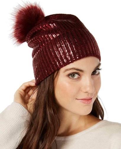INC Women Wine Liquid Shine Pom Pom Top 