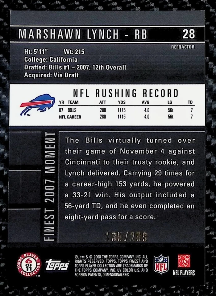 Marshawn Lynch - 2008 Topps Finest #28 Green Refractor #135/299 - Bills - Image 2 of 2