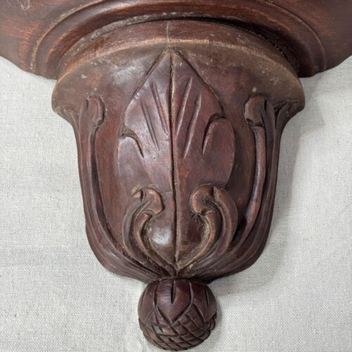 15" Hand-Carved Solid Mahogany Wood Wall Shelf Sconce Ornate Leaf & Pinecone - Picture 2 of 16