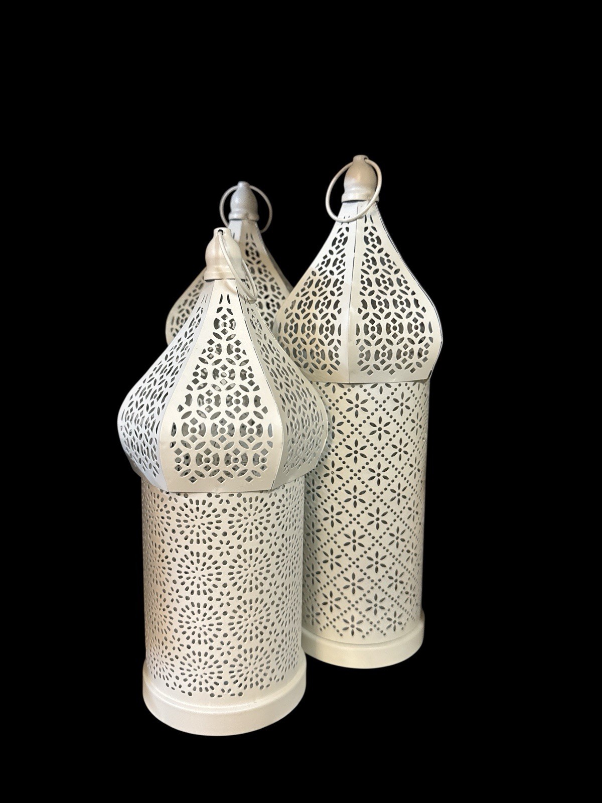 Set of 3 White Moroccan Metal Lantern Candle Holders, Decorative