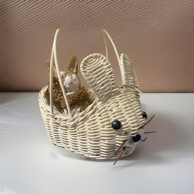 Adorable Vtg Bunny Natural Woven Wicker Storage Decoration Basket With Bunny fig