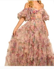 Sherri Hill 55541 Blush Floral Corset Gown Puff Sleeves Tule 14 maxi Length