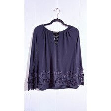T Tahari Women's Navy Blue Long Sleeve Blouse Embroidered Floral Detail Size S
