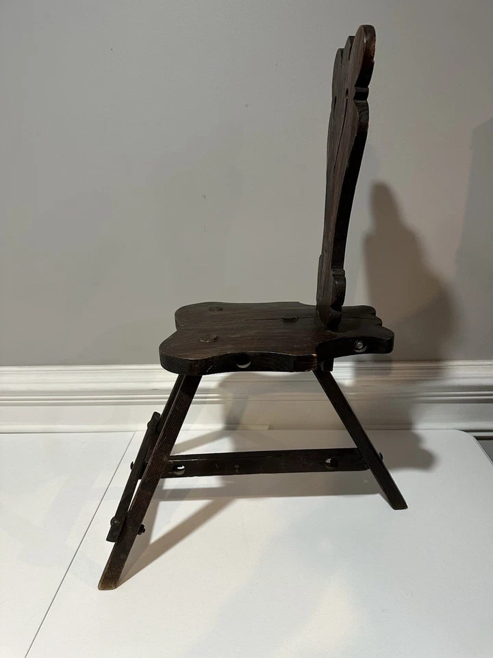 Antiguo taburete/silla italiano renacentista roble 3 patas Foto 2 de 4