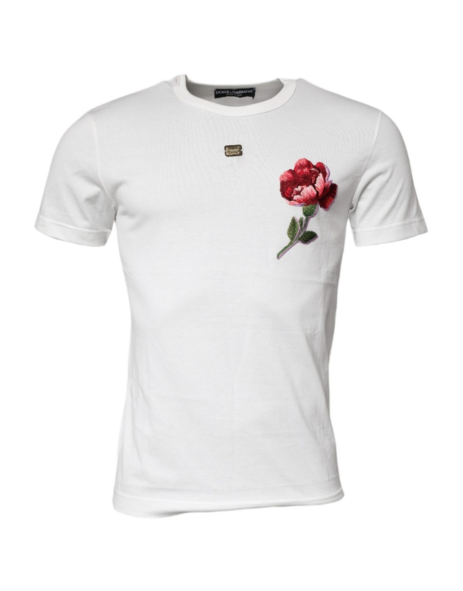 Dolce&Gabbana ドルガバ Tシャツ フラワー刺繍 Dolce & Gabbana White Cotton Logo Floral Crew Neck Men's T