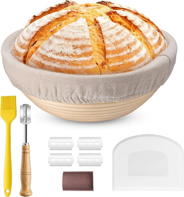 Runder Brotgärkorb Set 23cm für Sauerteig und Artisan Brot mit Zubehör