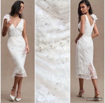 Mac Duggal 79337 Sz 8 White Floral Beaded Lace Bow Midi Dress Bridal Fast 2 Ship