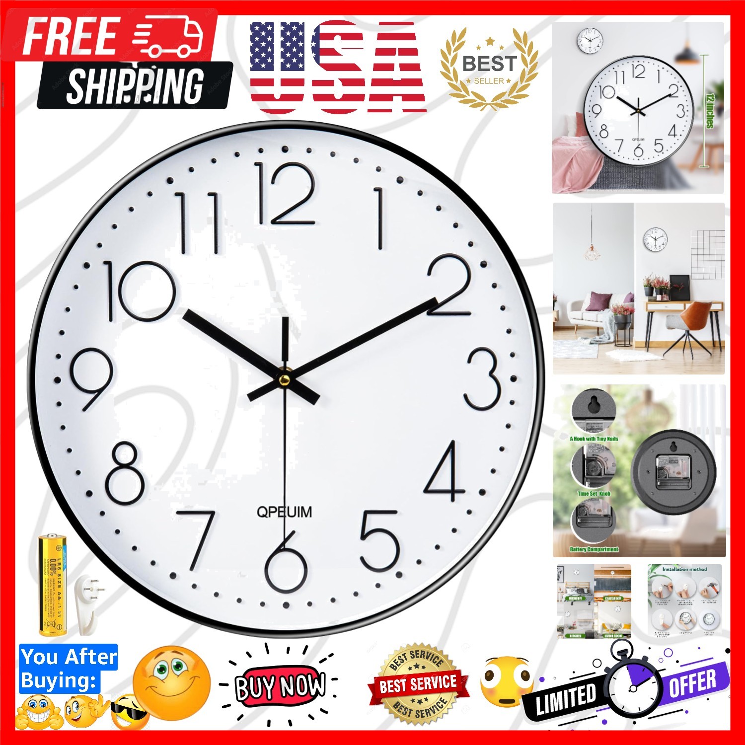Ultra-Quiet 12-Inch Wall Clock &ndash; Battery Operated, Perfect
