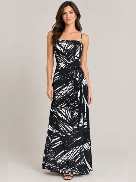 MEXX Fit & Flare Black & White Print Smocked Maxi Dress with tie belt - Size 6
