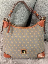 Dooney Bourke Monogram Shoulder Bag Zip Gray/Brown Red Lining Gold HW