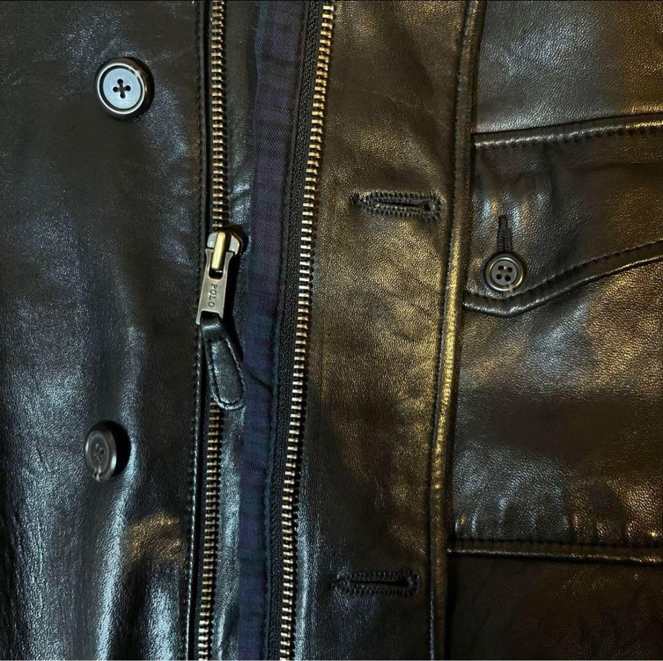 90S POLO by RALPH LAUREN Leather Jacket Car Coat Vintage Rare Button ...