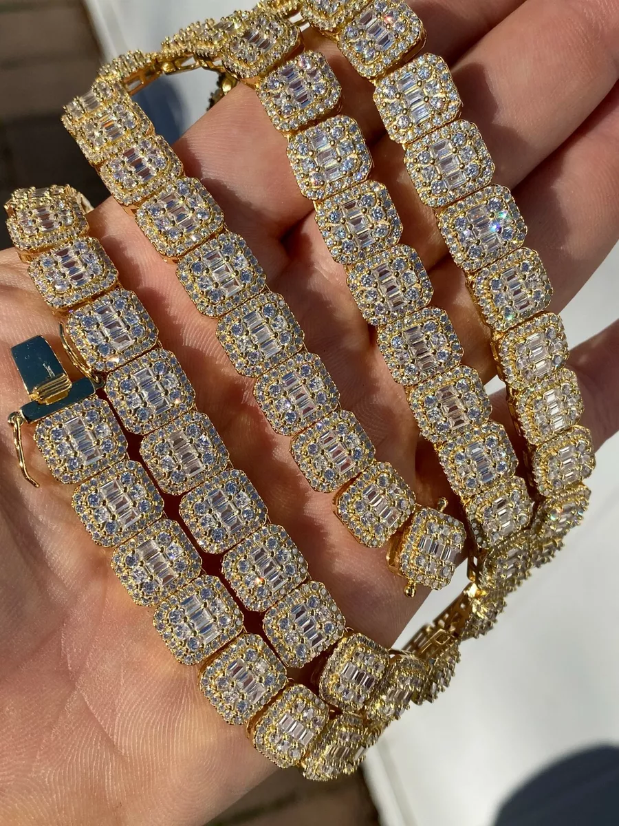 Mens Baguette Chain Bracelet Real Solid 925 Silver 14k Gold Plated Icy CZ 18 30