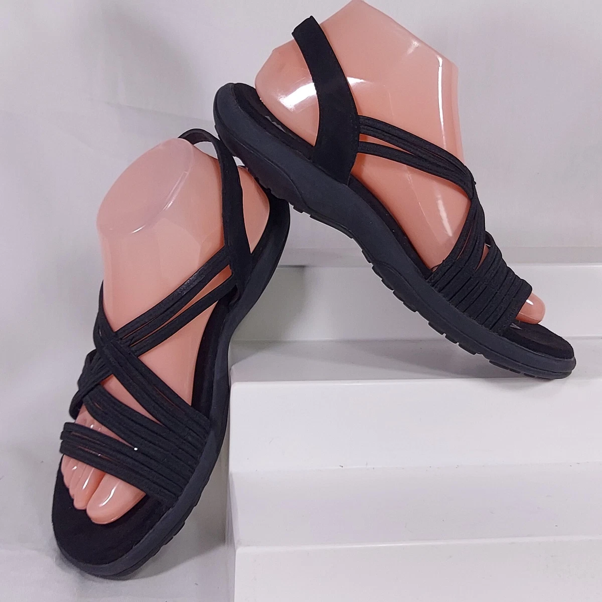 Skechers Sandals Reggae Slim Simply Stretch Memory Foam Black Womens 9 Strappy