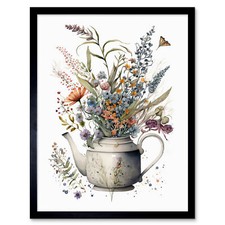 Spring Wildflower Bouquet in White Ceramic Teapot Framed Art Picture Print 12x16