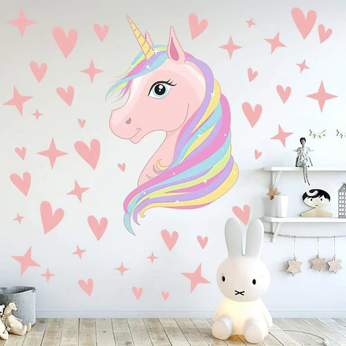 Pink Unicorn Wall Decals, Multi Coloured  Love Hearts Vinyl Stickers Kids Girls