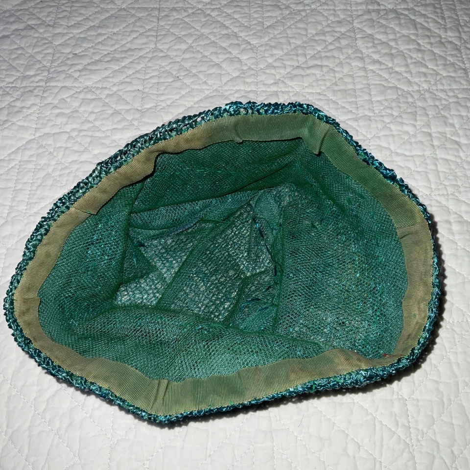 True Vintage 1920s HAT cloche hat WOW flowers turquoise raffia? - Image 4 of 4