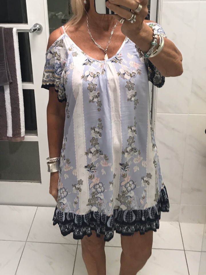 Boho Australia Baby Doll Dress Pale Blue Floral Rayon Cut Our Shoulders