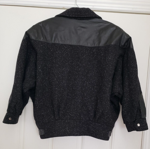 VTG David Benjamin Jacket Women 7 Black Leather Wool Tweed L/S Full Zip Bomber - Picture 2 of 12
