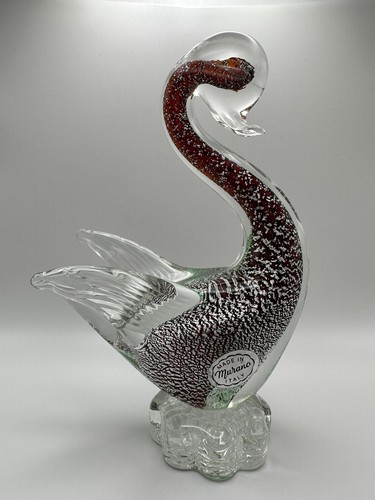 Vintage Murano Glass Foil Red Swan Figurine Statue 8"