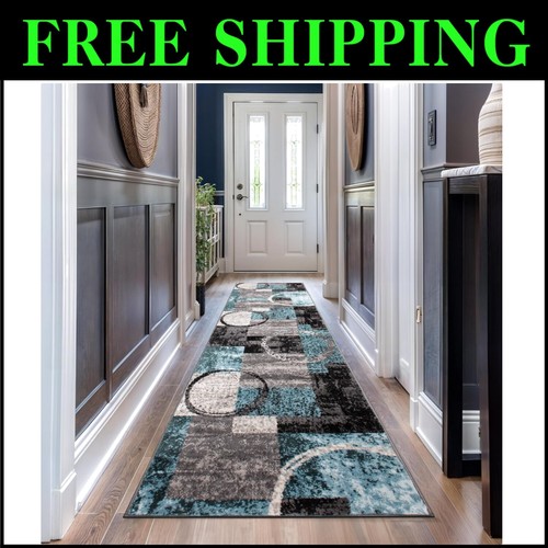 Versatile 2'7" x 12' Grey Abstract Circle Rug - Ideal for High-Traffic Areas