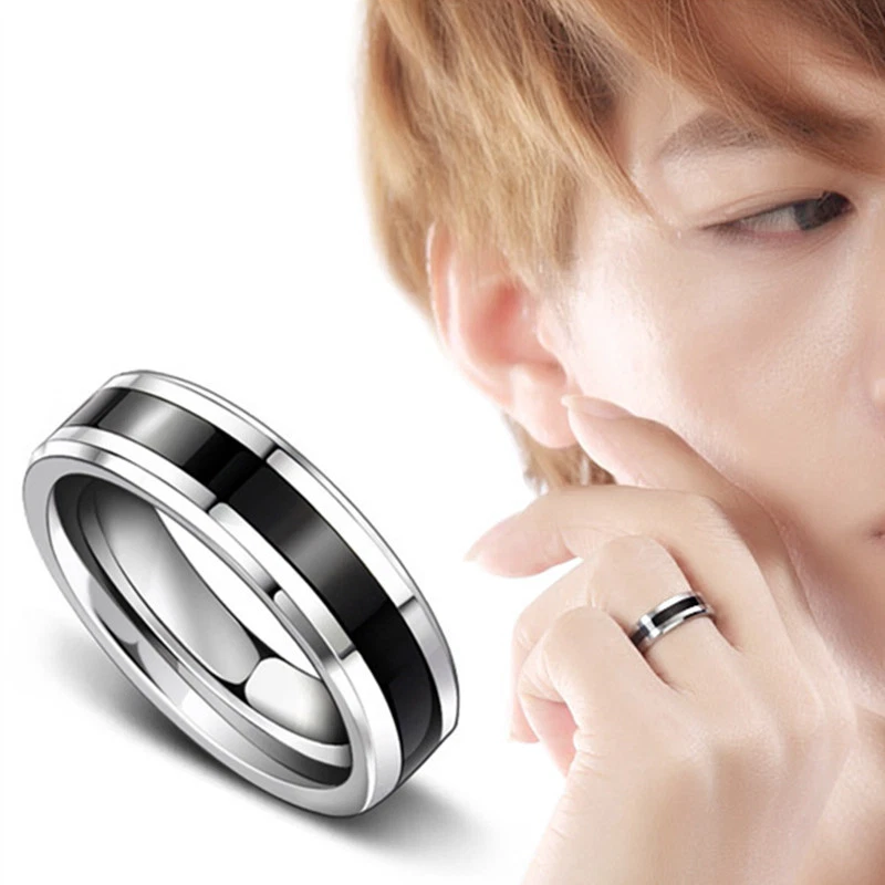 Black/White Enamel Party Band Men Women 316L Titanium Steel Couple Rings Sz 6-12 - Image 3 of 4