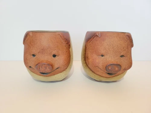 Vintage Set Of 2 UCCTI Made In Japan 3D Smiling Pig Face Stoneware Mugs