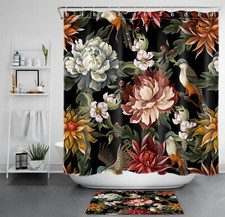 Bird Plant Green Leaf Pink Floral Black Shower Curtain Bathroom Accessories Set