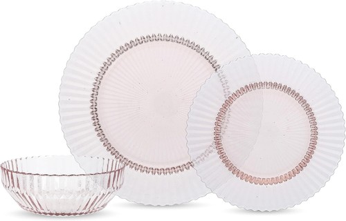 Fortessa Archie Glass 12 Piece Dinnerware Set Service for 4 Pink Translucent NEW